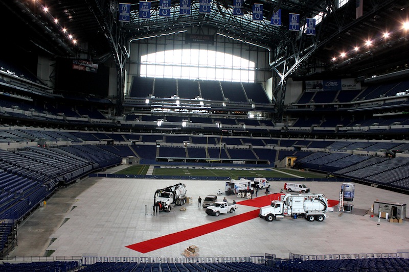 Setup began Tuesday within Lucas Oil Stadium for the 1st annual WWETT Show Kickoff Party that will be held Wednesday night and Thursday night.